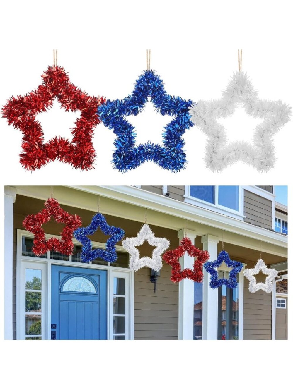 Patriotic 4th of July Wreath for Front Door - 12 Pcs Star Tinsel Decor